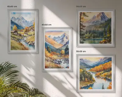 Komplet slik za nad zofo gorska pokrajina z reko in kočami