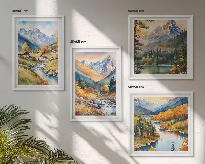 Komplet slik za nad zofo gorska pokrajina z reko in kočami