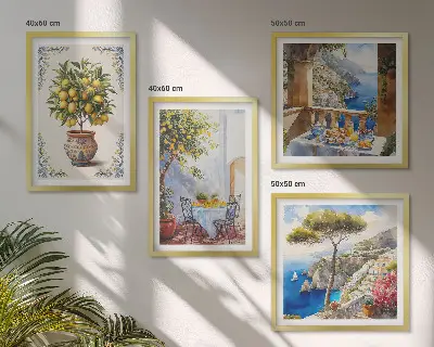 Komplet slik nad zofo z motivom limoninega drevesa in morja