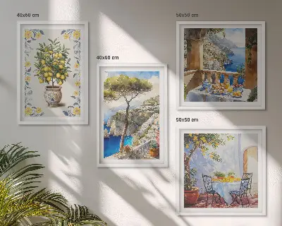 Pripravljena stenska galerija s slikami limonskega drevesa ob morju