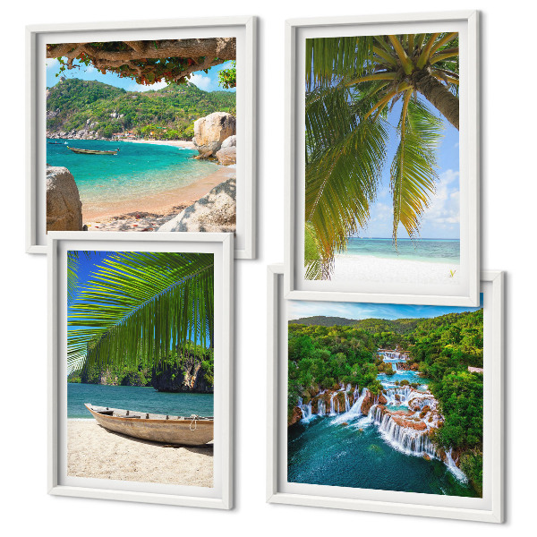 Set 4 slik v okvirju Plaža, čoln, slapovi, palme