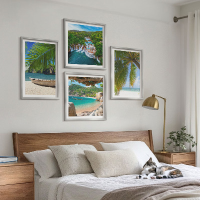 Set 4 slik v okvirju Plaža, čoln, slapovi, palme