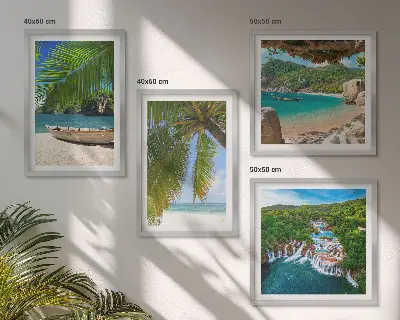 Komplet štirih slik v okvirju motiv plaže, čolna, slapov in palm