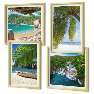 Set 4 slik v okvirju Plaža, čoln, slapovi, palme