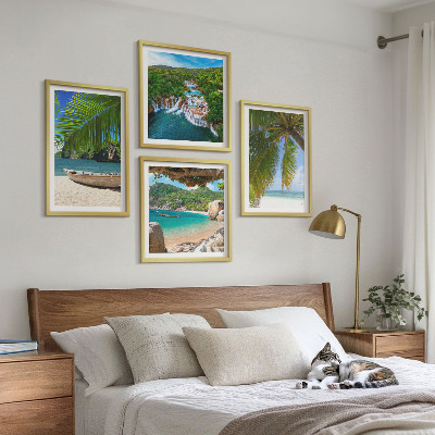 Set 4 slik v okvirju Plaža, čoln, slapovi, palme