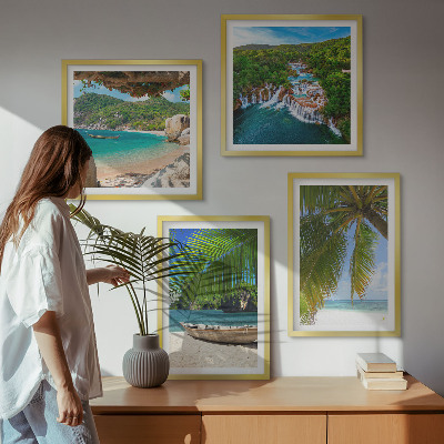 Set 4 slik v okvirju Plaža, čoln, slapovi, palme
