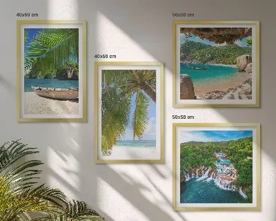 Komplet štirih slik v okvirju motiv plaže, čolna, slapov in palm