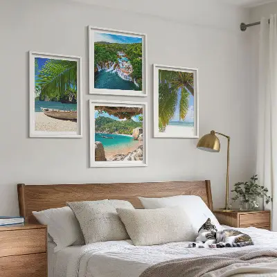 Komplet štirih slik v okvirju motiv plaže, čolna, slapov in palm