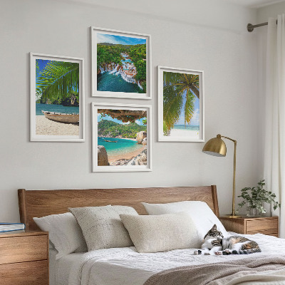 Set 4 slik v okvirju Plaža, čoln, slapovi, palme