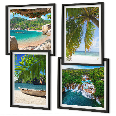Set 4 slik v okvirju Plaža, čoln, slapovi, palme