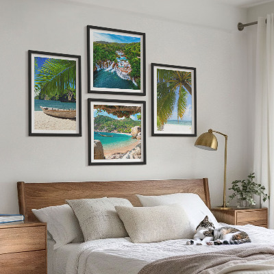 Set 4 slik v okvirju Plaža, čoln, slapovi, palme