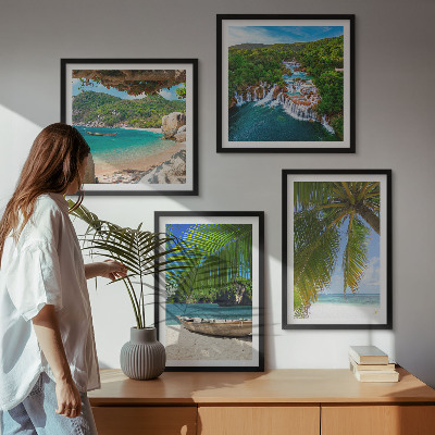 Set 4 slik v okvirju Plaža, čoln, slapovi, palme