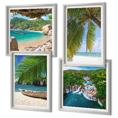Set 4 slik v okvirju Plaža, čoln, slapovi, palme