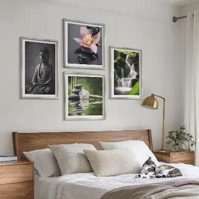 Komplet 4 slik v okvirju ZEN z motivom kamnov in Bude