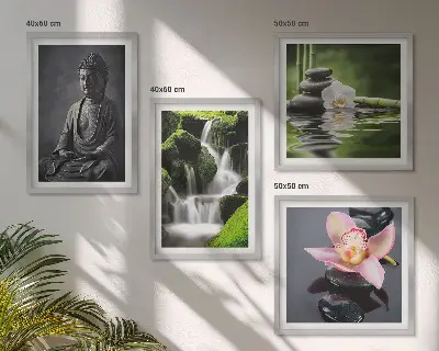 Komplet 4 slik v okvirju ZEN z motivom kamnov in Bude