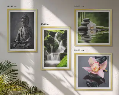 Komplet 4 slik v okvirju ZEN z motivom kamnov in Bude