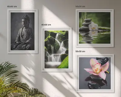 Komplet 4 slik v okvirju ZEN z motivom kamnov in Bude
