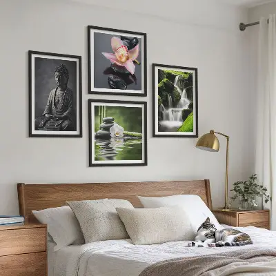 Komplet 4 slik v okvirju ZEN z motivom kamnov in Bude