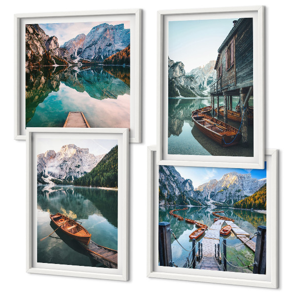 Pripravljena stenska galerija Jezero, gore, čolni, koča