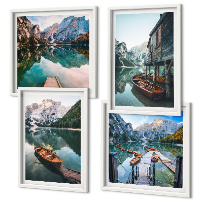 Pripravljena stenska galerija Jezero, gore, čolni, koča