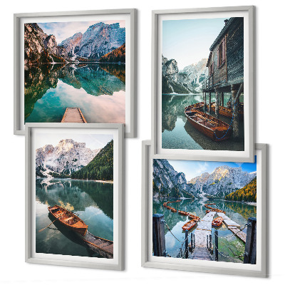 Pripravljena stenska galerija Jezero, gore, čolni, koča