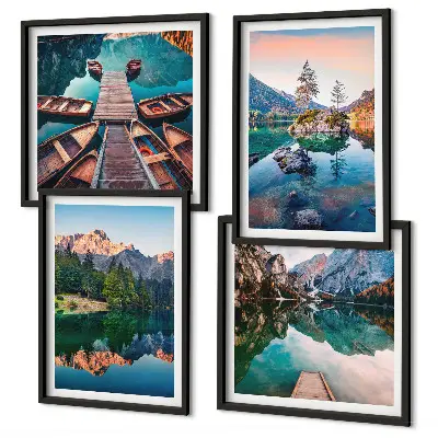 Set 4 slik v okvirju z motivom odsevnega gozda in gorskih jezer