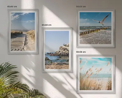 Komplet 4 slik v okvirju lesena pot ob plaži s pečinami
