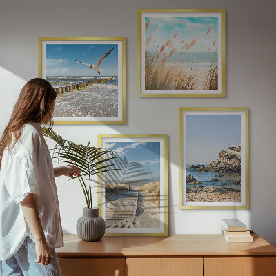 Set 4 slik v okvirju Lesena pot ob plaži, pečine