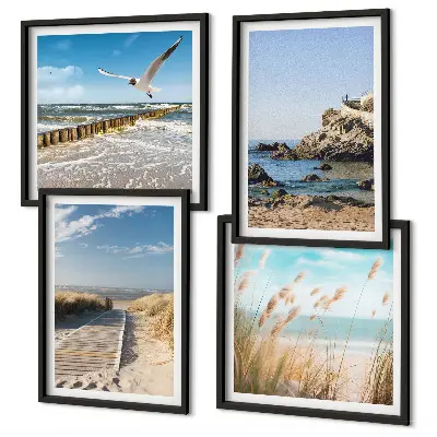 Komplet 4 slik v okvirju lesena pot ob plaži s pečinami
