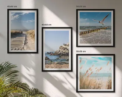 Komplet 4 slik v okvirju lesena pot ob plaži s pečinami