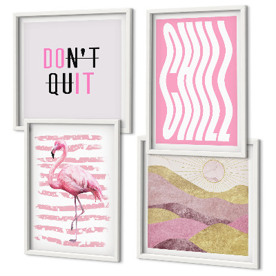 Set 4 slik v okvirju Pastelna gorska pokrajina z rožnatimi flamingi