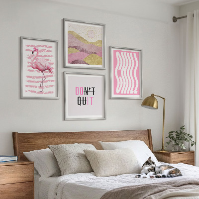Set 4 slik v okvirju Pastelna gorska pokrajina z rožnatimi flamingi