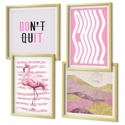 Set 4 slik v okvirju Pastelna gorska pokrajina z rožnatimi flamingi
