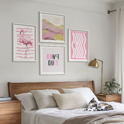 Set 4 slik v okvirju Pastelna gorska pokrajina z rožnatimi flamingi