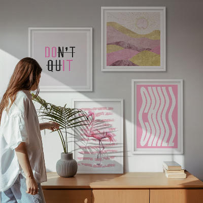 Set 4 slik v okvirju Pastelna gorska pokrajina z rožnatimi flamingi