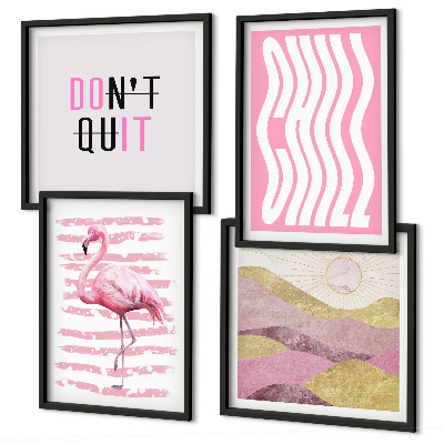 Set 4 slik v okvirju Pastelna gorska pokrajina z rožnatimi flamingi