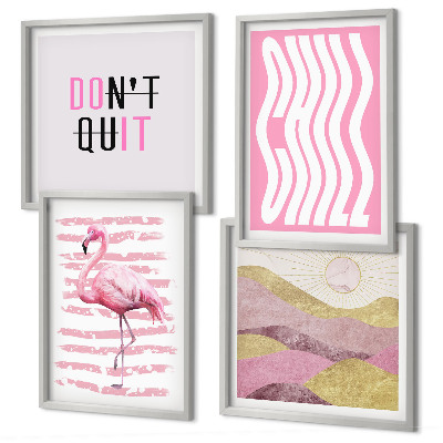 Set 4 slik v okvirju Pastelna gorska pokrajina z rožnatimi flamingi