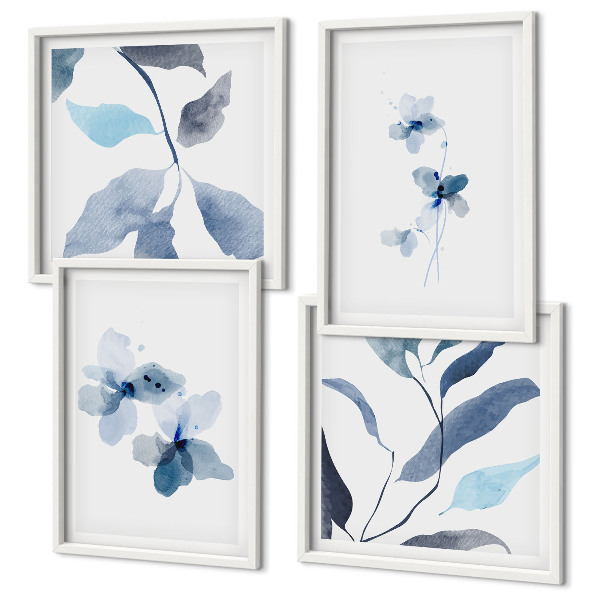 Set 4 slik v okvirju Minimalistično modro cvetje