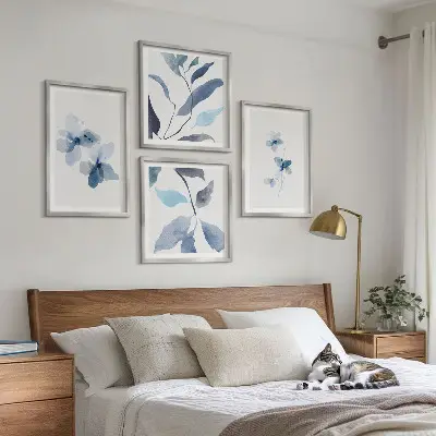 Minimalistično modro cvetje komplet 4 slik v okvirju