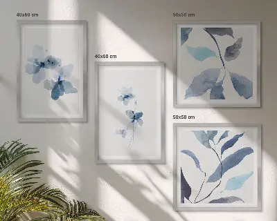 Minimalistično modro cvetje komplet 4 slik v okvirju