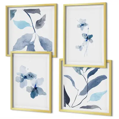 Minimalistično modro cvetje komplet 4 slik v okvirju
