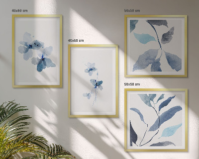 Set 4 slik v okvirju Minimalistično modro cvetje