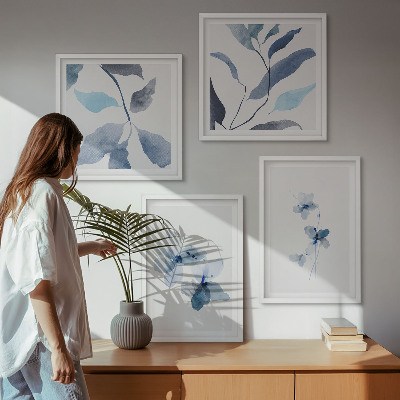 Set 4 slik v okvirju Minimalistično modro cvetje