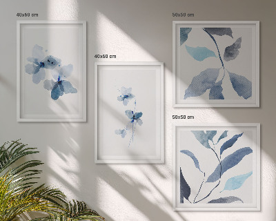 Set 4 slik v okvirju Minimalistično modro cvetje