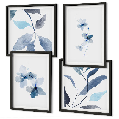Set 4 slik v okvirju Minimalistično modro cvetje
