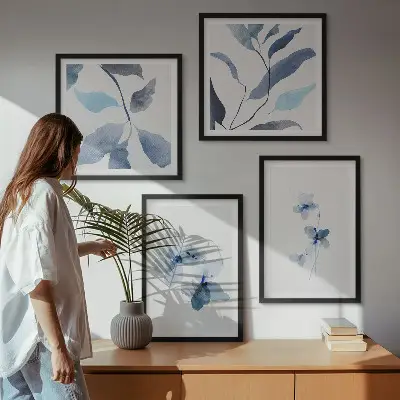 Minimalistično modro cvetje komplet 4 slik v okvirju
