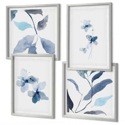 Set 4 slik v okvirju Minimalistično modro cvetje
