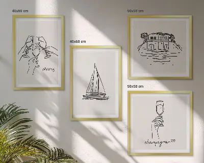 Pripravljena stenska galerija motiva hiše na vodi in jadrnice