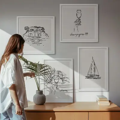 Pripravljena stenska galerija motiva hiše na vodi in jadrnice
