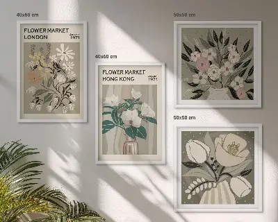 Komplet 4 slik v okvirju cvetlične ilustracije London in Hong Kong